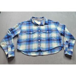 American Eagle AE Shirt Size XS Blue Plaid Cropped Flannel Button Up Cotton Boxy